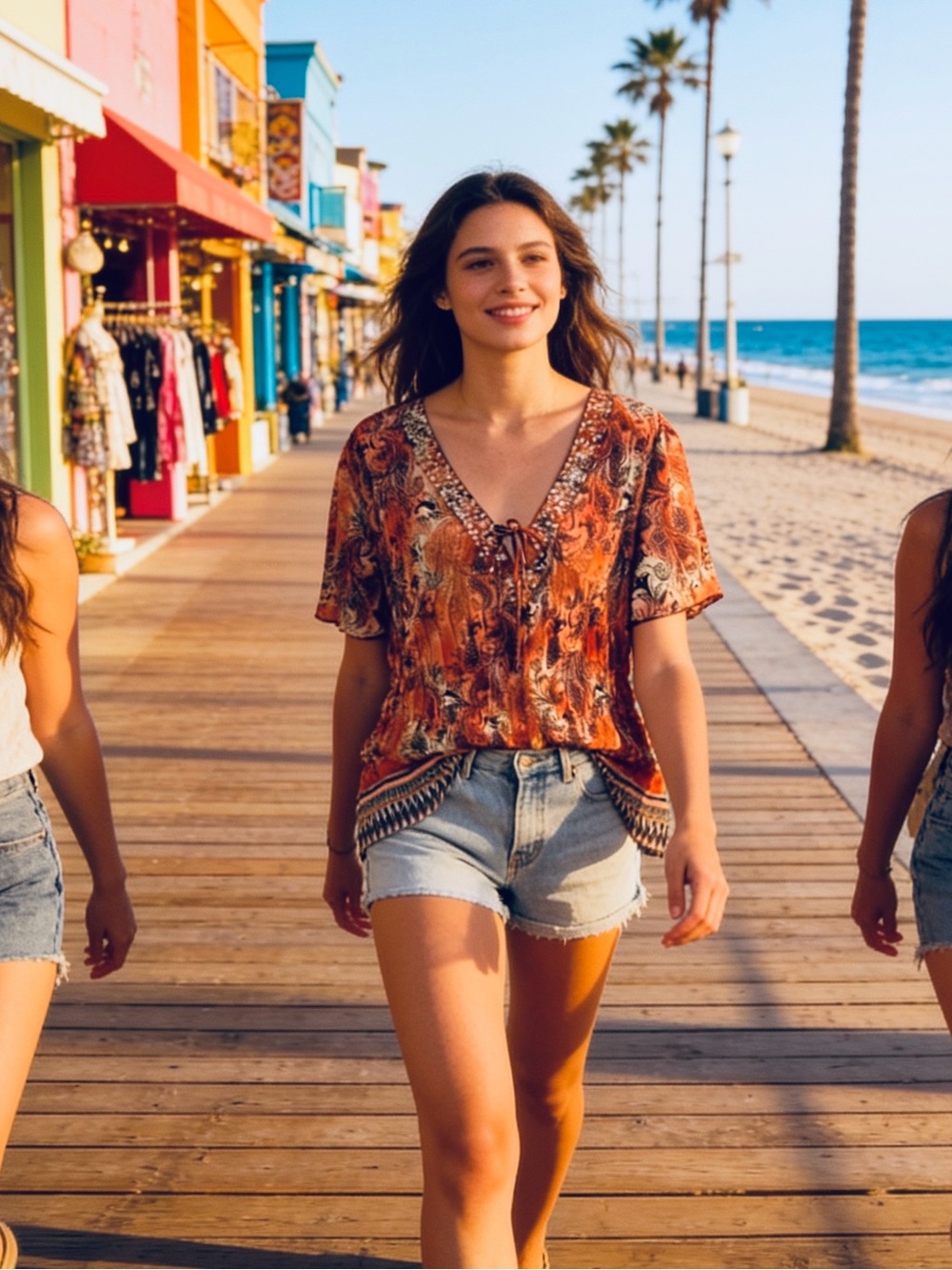 Coral Paisley V-Neck Tunic with Embellished Trim
